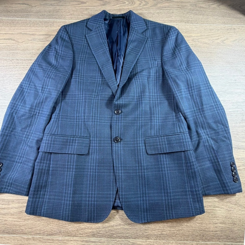 Calvin Klein Mens 2 Button Sport Coat Blue Plaid Wool Blend 38 S Fall Work Party